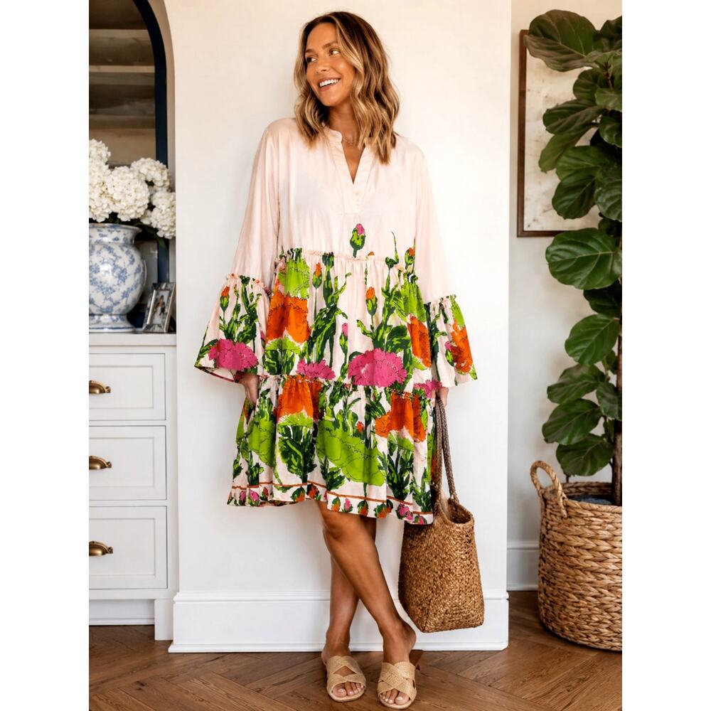 Julie Brown NY White Lotus Floral Ruffle Bell Sleeve Tiered Dress Size L